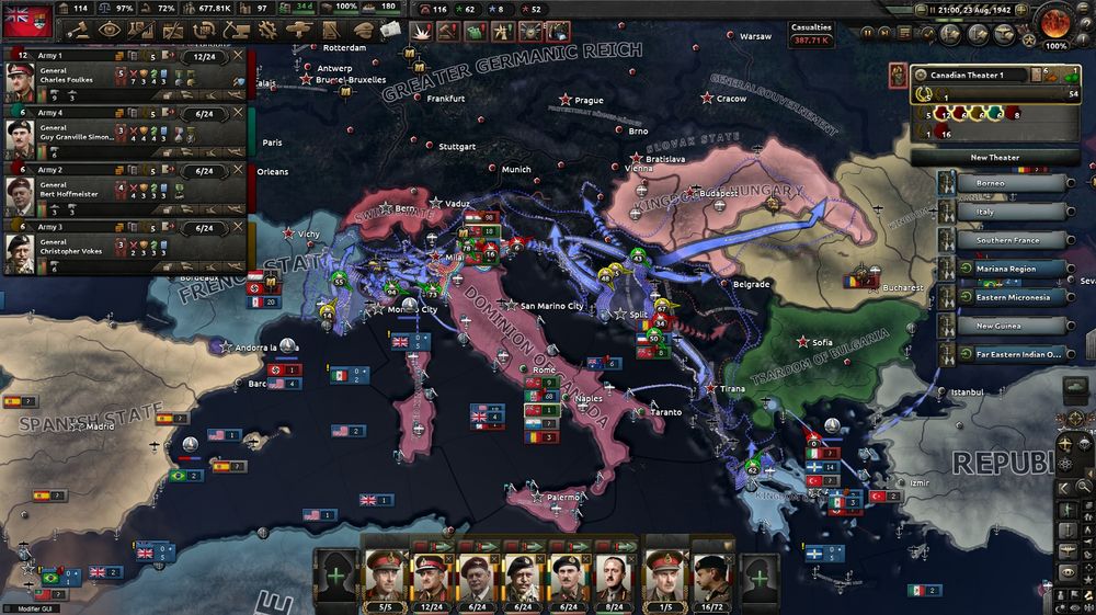 A zoomed out look at Europe in the midst of World War 2 in the video game Hearts of Iron 4.