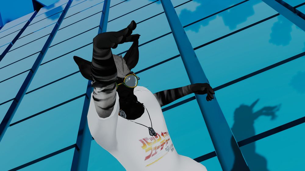 A bespeckled hyena anthro dancing in a VRChat world, taken at a unusual angle. Blue in tone.
