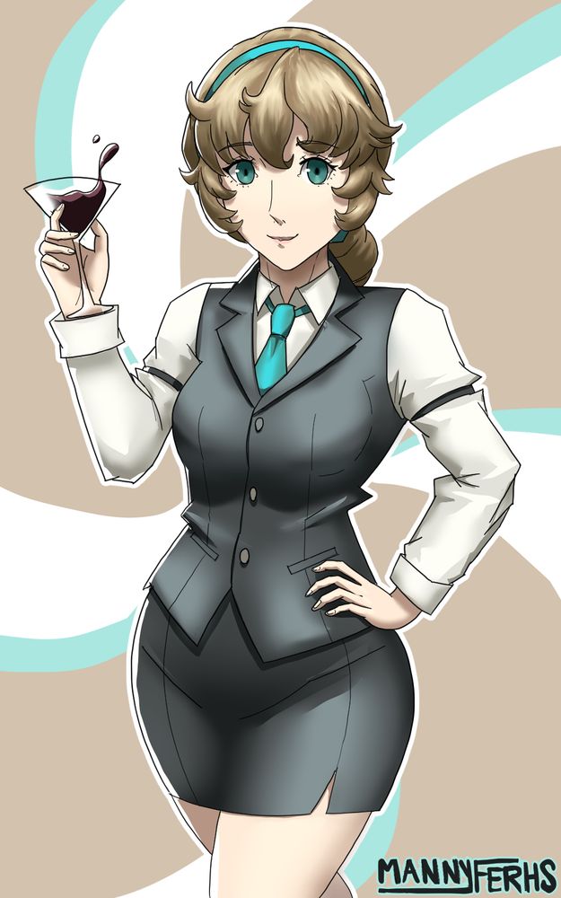 Yumi Shiina from Persona 5: The Phantom X. She smiles at the viewer while holding a martini glass with her right hand and her left hand on her waist.