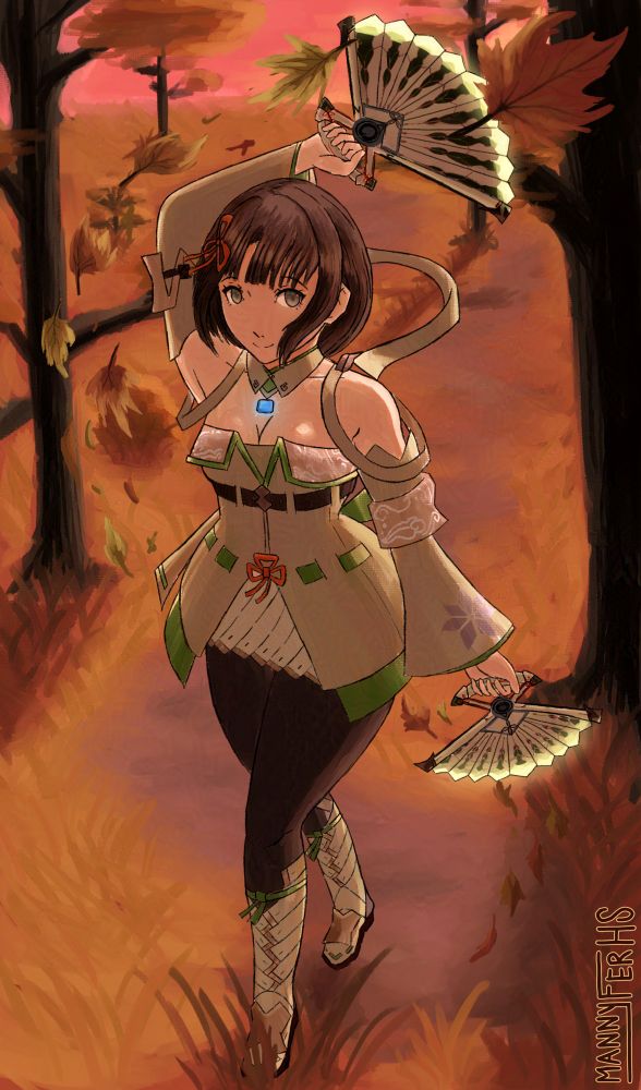 Miyabi from Xenoblade Chronicles 3 smiling as she strikes a pose with two fans on her hands. There are warm-colored leaves blowing in the wind around her. The background is an orange forest during the Autumn season with tall, orange trees.