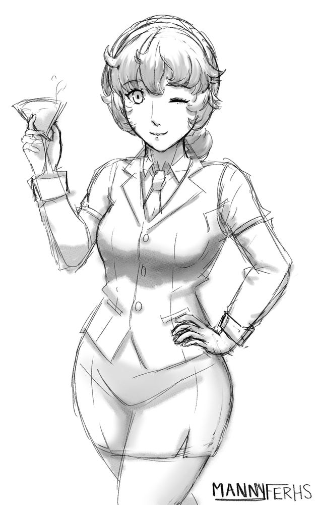 Yumi Shiina from Persona 5: The Phantom X. She winks at the viewer with a smile while holding a martini glass with her right hand and her left hand on her waist.