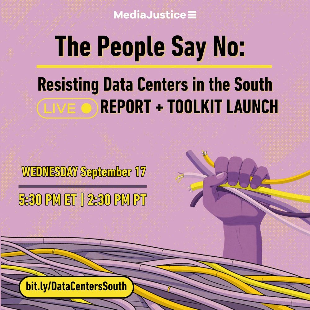LIVE launch graphic for "The People Say No: Resisting Data Centers in the South." A light lavender backdrop has the title front upward with "LIVE Report + Toolkit Launch" below it. A purple hand holds cut wiring to the center right. To the center left is the launch date, "WEDNESDAY September 17: 5:30 PM ET | 2:30 PM PT." Toward the bottom is a giant pile of wiring. The Bitly link is: "bit.ly/DataCentersSouth"