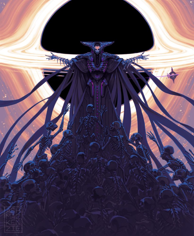 A heavily modified human figure stands framed by a distant black hole, hands raised, as metal skeletons rise to meet them