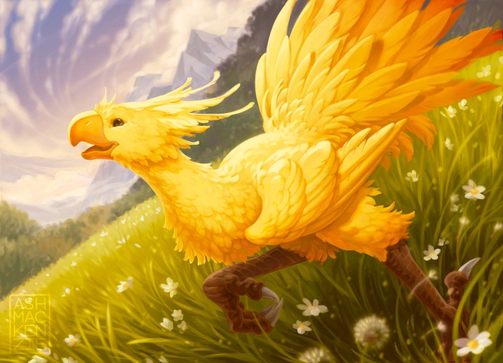 Sunset clouds swirl over distant mountains as a golden chocobo runs through a verdant field filled with flowers 
