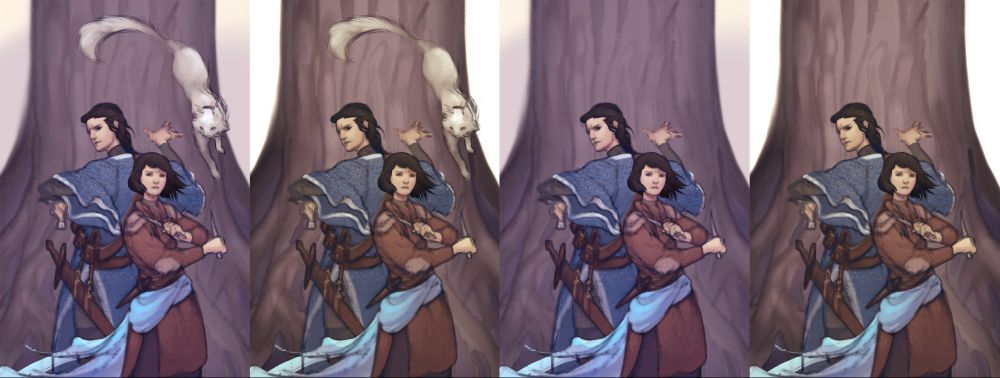 Colour roughs with warm and cool palettes, with or without cat