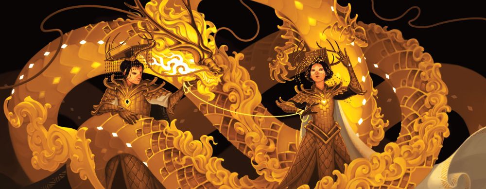 Cover for Heavenly Tyrant by Xiran Jay Zhao, a golden dragon coils around a man and a woman wearing elaborate tiled armour and headdresses, their wrists tied together with a golden thread
