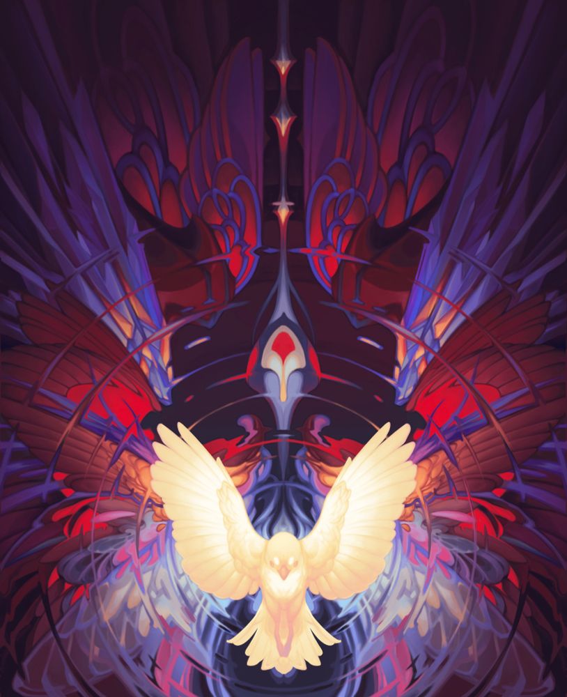 A luminous golden bird hovers in the air, rippling images of other kinds of wings radiate out from it in a space of quantum possibility