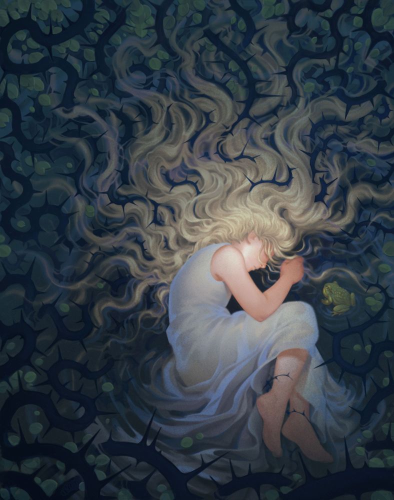 Cover for Thornhedge by T. Kingfisher, a small toad watches a young girl rest in a pool of water, her long hair entangled with thorny brambles and lilypads