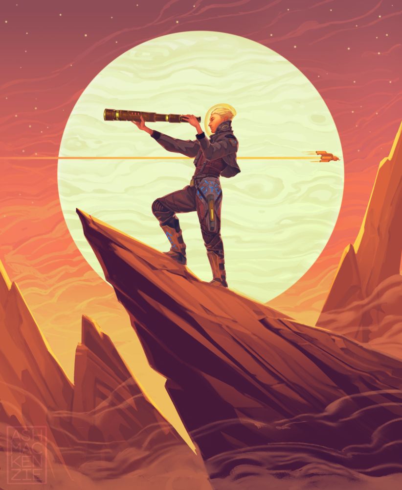 A space freelancer stands on a precipice looking through a long scope, framed by a pale gas giant in the sky behind them with a ship flying across it