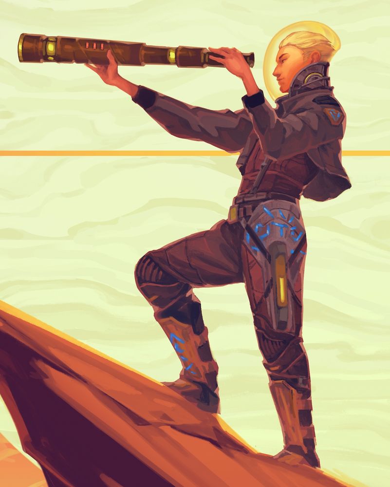 Closeup of a space freelancer standing on a precipice looking through a long scope