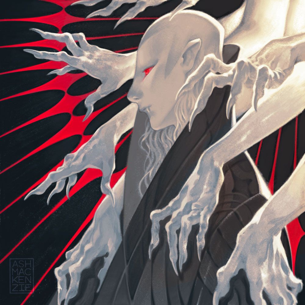 A vampire in a high collared coat stands in the circle of gnarled, grasping hands, haloed by red diamonds