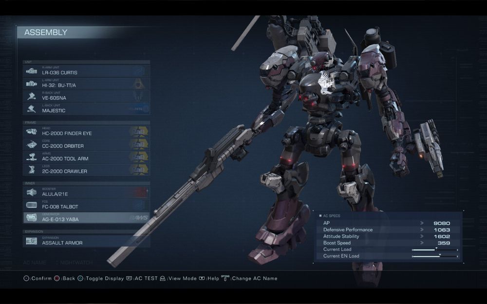 An armored core with all the default pieces from LOADER 4 but painted a mix of dark grey, light gray and dark red, glowing red lights.