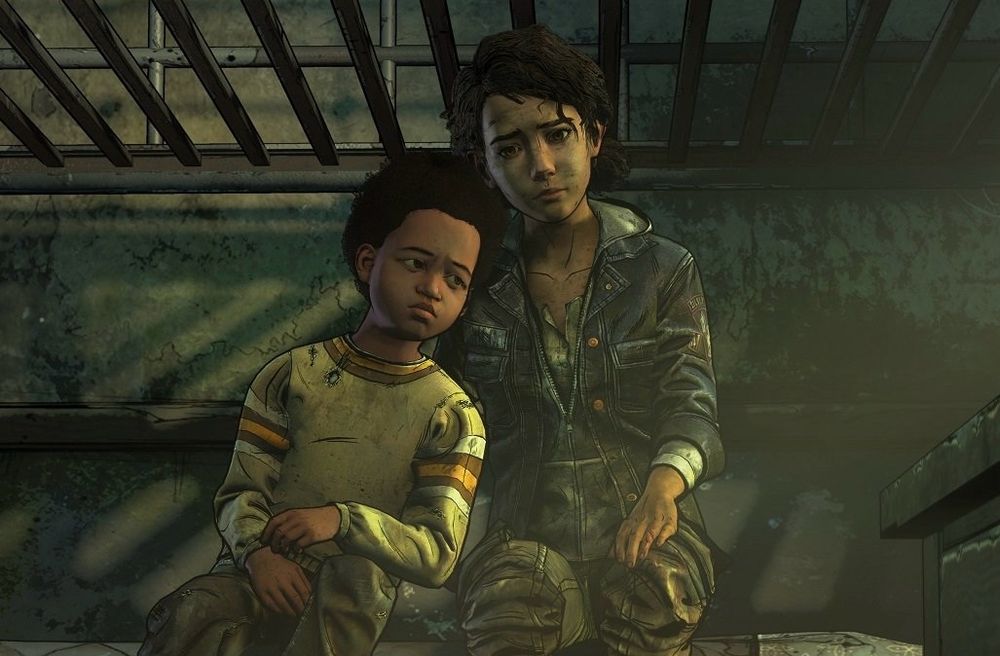 Clementine, a 16/17 year old brown girl, sits on a bed with AJ, a five year old Black boy, leaning on her shoulder. They both look sad and thoughtful, but affectionate.