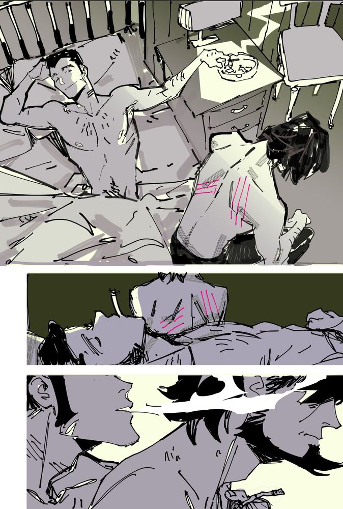 Lupin and Jigen are in bed - post-coital. There are scratches on Jigen's back. Lupin takes a puff of his cigarette and blows it in Jigen's face.