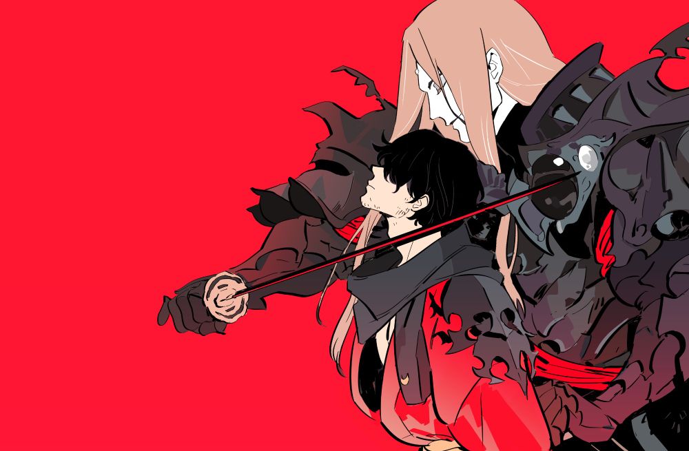 Zenos holding a sword to the warrior of light's neck while holding him from behind.