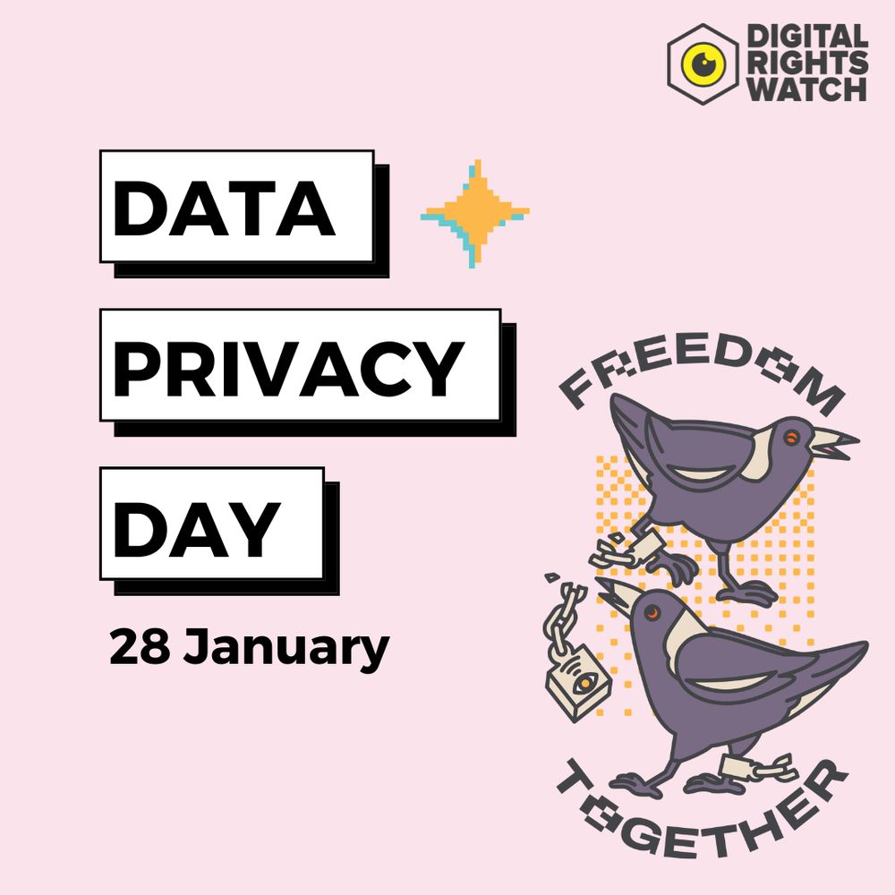 Text: Data Privacy Day 28 January. Freedom Together. Two magpies, one biting the chains from the other's ankle.