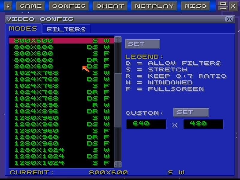 The image displays a video configuration screen from a software interface. The layout is divided into sections, each set against a blue background. At the top, there is a horizontal menu bar with options like "GAME," "CONFIG," "CHEAT," "NETPLAY," and "MISC." Below this, two tabs titled "MODES" and "FILTERS" are visible, with the "MODES" tab selected. The left side of the screen lists various resolution options in a vertical column, with a pink highlight over the "800X600" resolution. To the right of the resolutions, letters such as "DSRW" and "F" indicate different settings, explained in the "LEGEND" section on the right side. The legend clarifies the meaning of each letter: "D" for allow filters, "S" for stretch, "R" for keep 8:7 ratio, "W" for windowed, and "F" for fullscreen. Towards the bottom, the currently selected resolution is displayed as "CURRENT: 800X600." There's also a "CUSTOM" setting feature with "SET" buttons and numeric fields showing "640" by "480."


