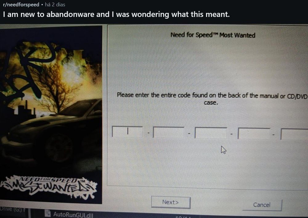 The image features a computer screen displaying a prompt for the video game “Need for Speed™ Most Wanted.” On the left side, there is a partially obscured cover art featuring a dark car and a city skyline with a smoky background. On the right side, there is a text box that reads, “Please enter the entire code found on the back of the manual or CD/DVD case,” along with a series of blank input fields separated by dashes for entering the code. A “Next” button is located at the bottom right of the screen.
