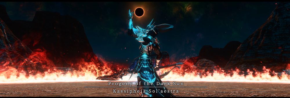 A viera knight in full armor gestures upward towards a solar eclipse in the distant sky while holding a large greatsword in the other hand. She stands inside a fire ring arena. The text reads "Progeny of the Dark Sun. Kassipheia Sol'aestra"