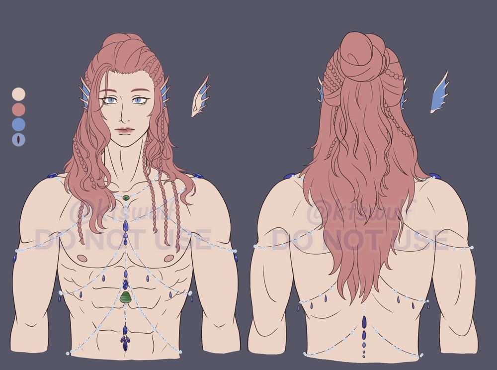 Character reference sheet of Vanna, a pink-haired nøkken (torso only). He is shirtless and wears various beads of gems and water droplets across his torso.