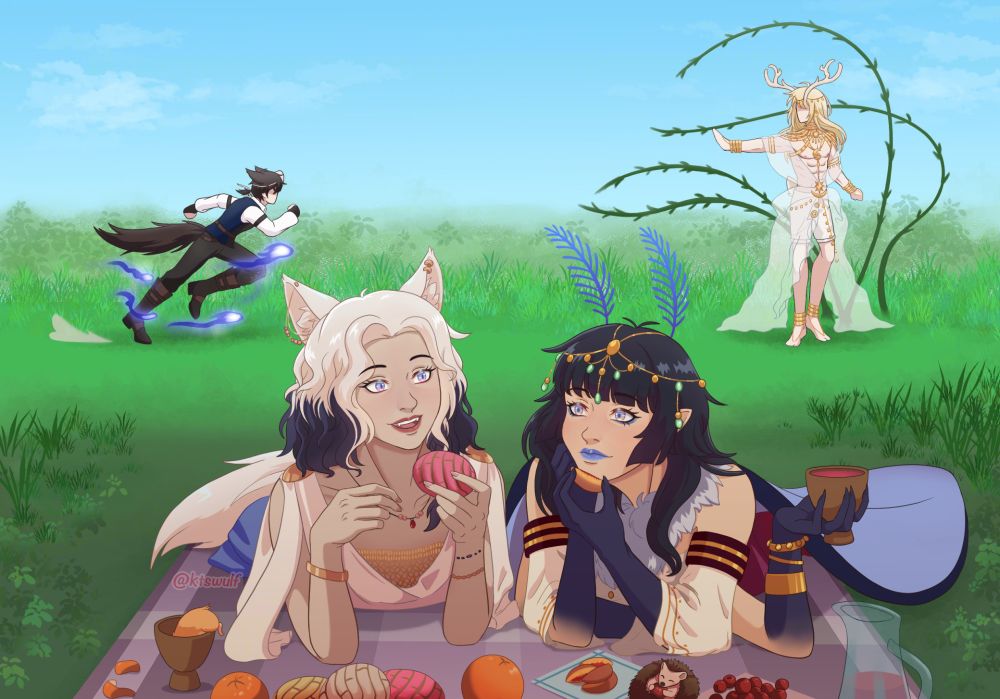 Digital illustration of a picnic outing. At front center, two girls, one with white wolf ears and tail, and the other with blue moth antennae and wings, enjoy food and conversation, lying on a picnic blanket under the shade. Behind them, two men face off against each other. On the left, a man with dark wolf ears and tail, surrounded by bluish purple energy, sprints towards the other man. While on the right, a man with white deer antlers and tail, raises his arm towards the other, summoning vines from the ground that aim towards the left. 