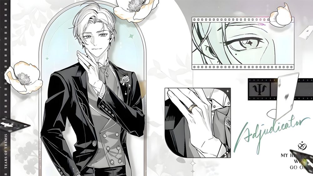 Digital art graphic of Vyn from Tears of Themis. He is wearing a formal wedding suit, showing off the wedding ring on his finger with various close up images, white poppy flowers, and cards decorations. The signature text on the right reads: "Adjudicator." 