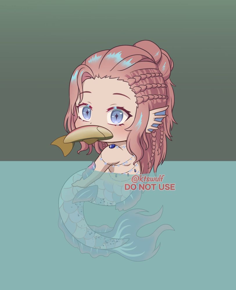 Chibi digital art of Vanna, a pink-haired nøkken with webbed ears and silver fishtail. He is holding a fish in his mouth.