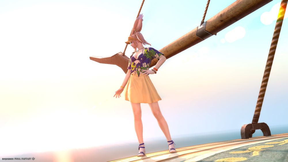 Screenshot of a pink haired viera wearing a summer outfit, looking beyond the horizon over the ocean from Final Fantasy XIV.