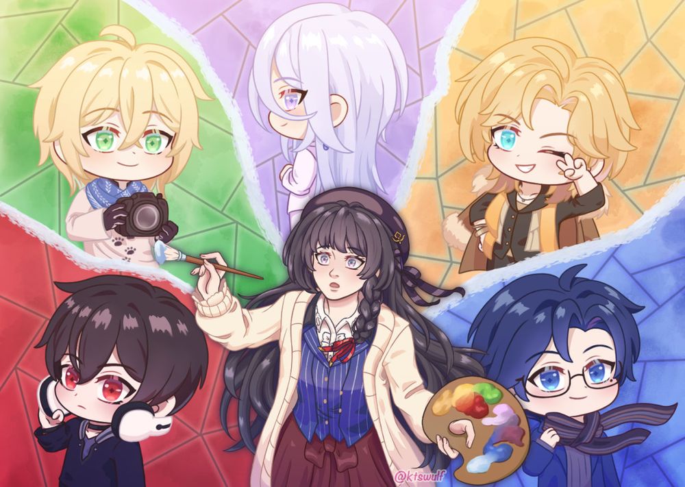 Digital illustration of characters from Lovebrush Chronicles. The MC stands at the center, holding a paintbrush and palette while looking off towards the distance with a surprised expression. Behind her, there are 5 chibi versions of the love interest in different poses. In clockwise starting at the bottom left, there is Ayn, Alkaid, Cael, Lars, and Clarence. There is a mosaic glass background, and each section is separated by trails of white paint.