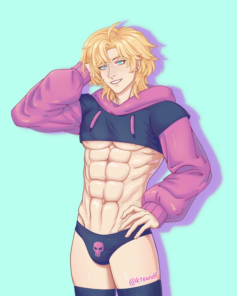 Digital art of Lars from Lovebrush Chronicles. He has blond hair and light blue eyes and wears a short, revealing crop top hoodie w/ matching undies and tights.