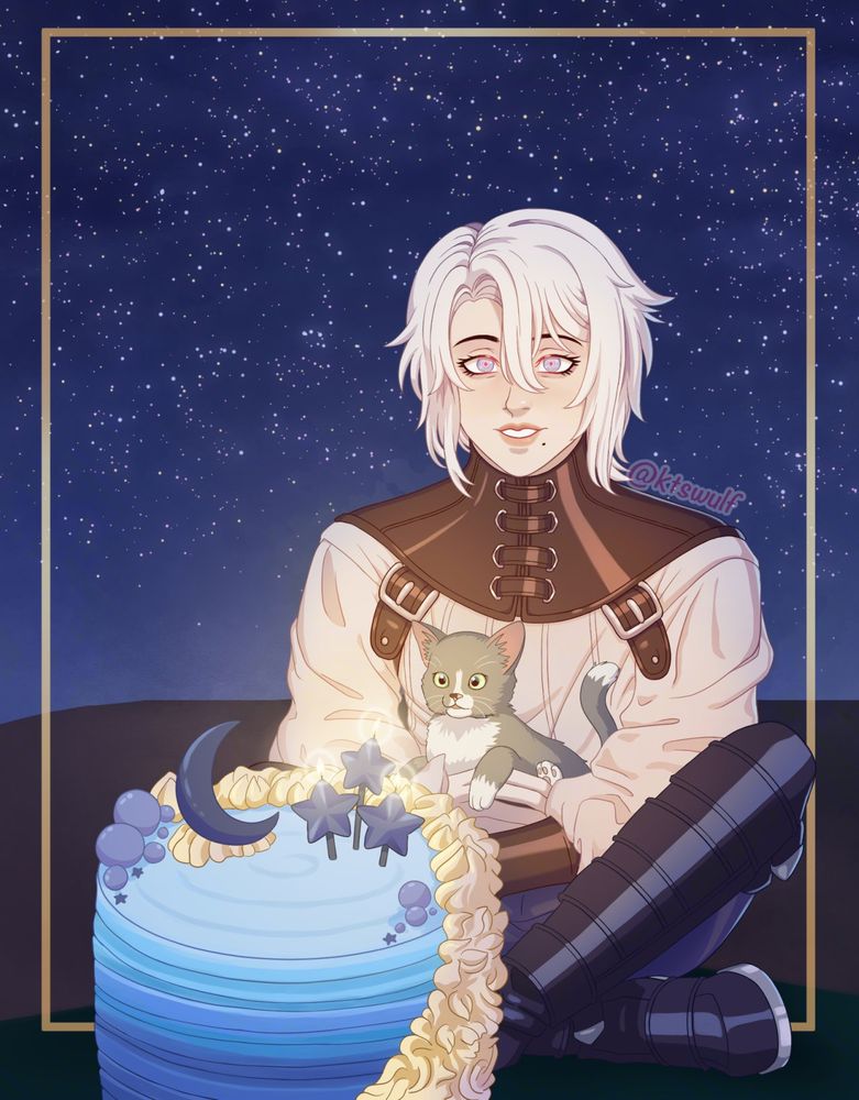 Digital illustration of Mhin from Touchstarved. A white-haired person sits cross-legged on the ground while holding a cat. There is a blue cake in front of them, covered with white frosting and dark blue decorations. A night sky full of stars is behind them.