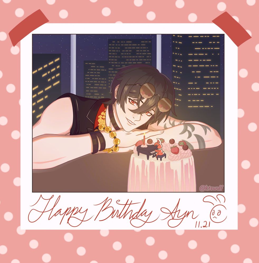 Digital illustration of Ayn from Lovebrush Chronicles as if taken by a polaroid camera. Ayn leans his body on a table, nearing a strawberry birthday cake. On top of the cake, there are strawberries and chocolate candies as well as a white and red bunny playing a miniature piano. Behind Ayn is a city skyline at nighttime. The text on the polaroid reads: "Happy Birthday Ayn 11.21" with a doodle of a bunny at the end.