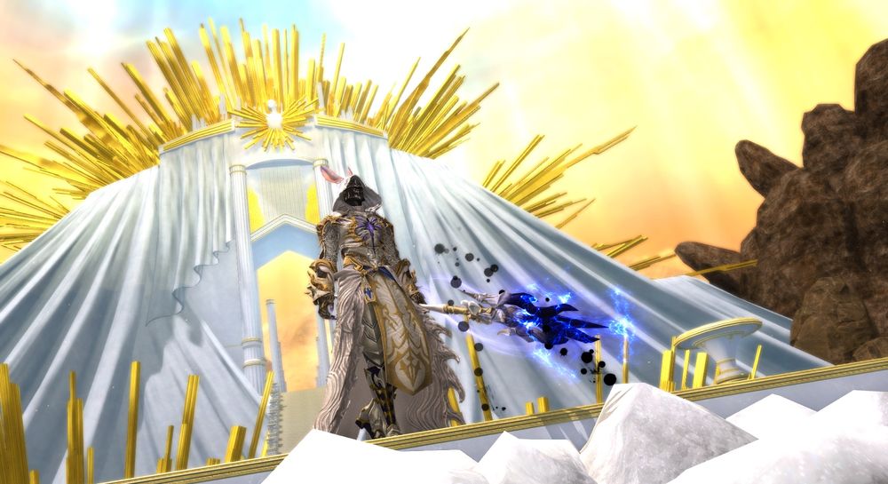 Screenshot of a viera dragoon posing in front of a large white and gold gate in Final Fantasy XIV 