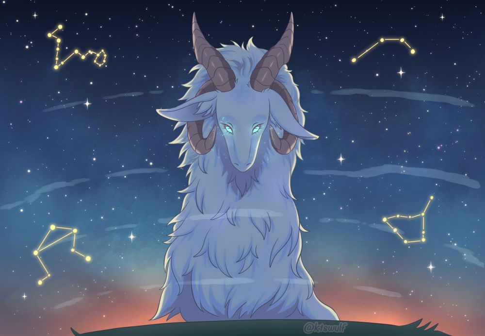 Digital illustration of a white-furred beast with four horns. She is looking into her reflection upon a pool of water. Four glowing constellations and a night sky, filled with stars slowly approaching daybreak, is reflected behind her.