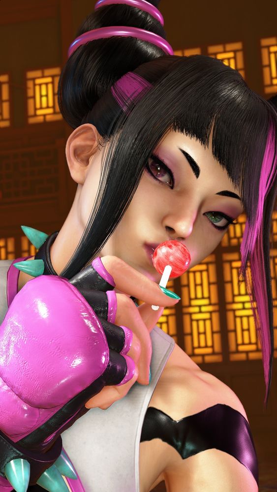 Juri from SF6, lollipop in hand.