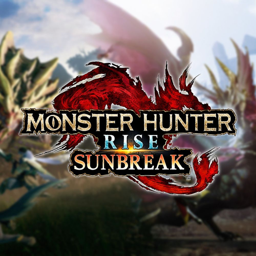 Cover art for Monster Hunter Rise Sunbreak. A dragon and another quadrupedal monster fight behind the monster hunter logo.