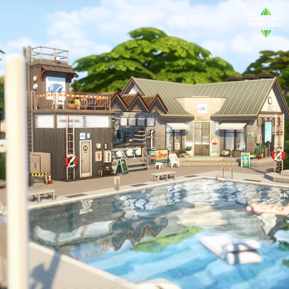 Sims 4 screenshot of a public swimming pool in soft evening light