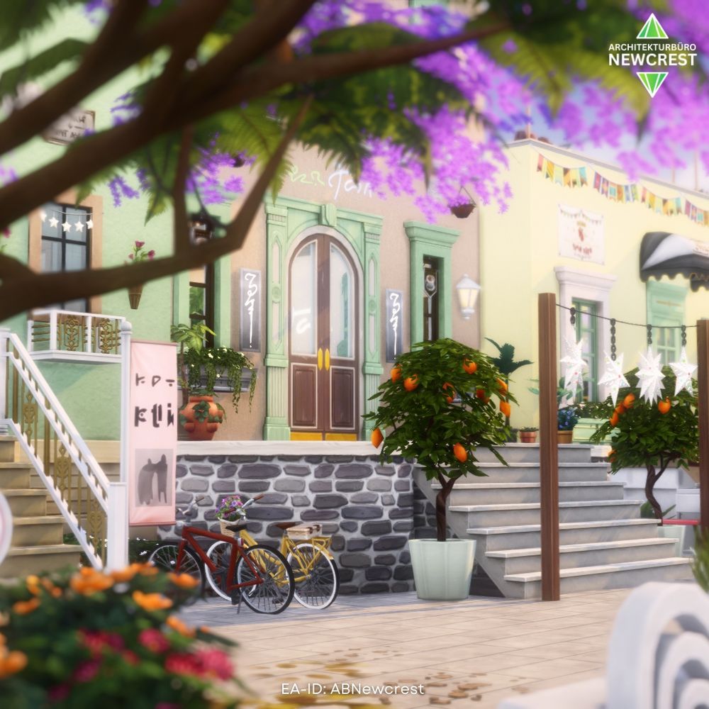 Sims 4 screenshot of a building in pastel colours with a blooming tree in the foreground