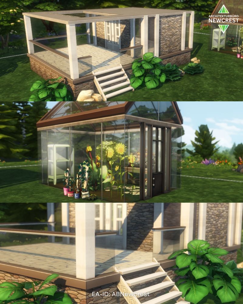 Collage of three Sims 4 screenshots showing a modern house and a greenhouse to demonstrate the use of the new glass wall feature as windows, glass fence and for building greenhouses.