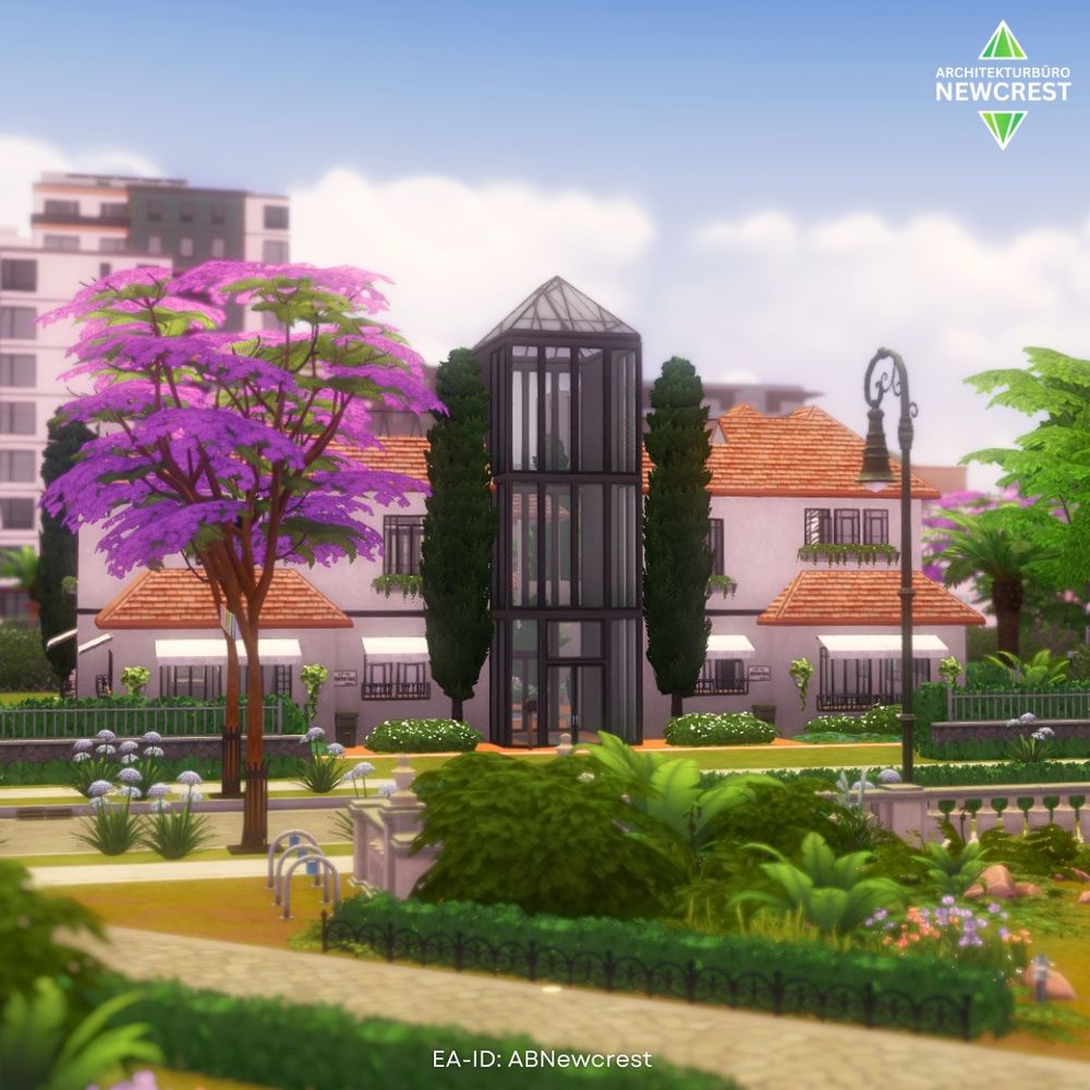 Sims 4 screenshot of a house in Ciudad Enamorada with a garden in the foreground and the blue sky and skyscrapers in the background