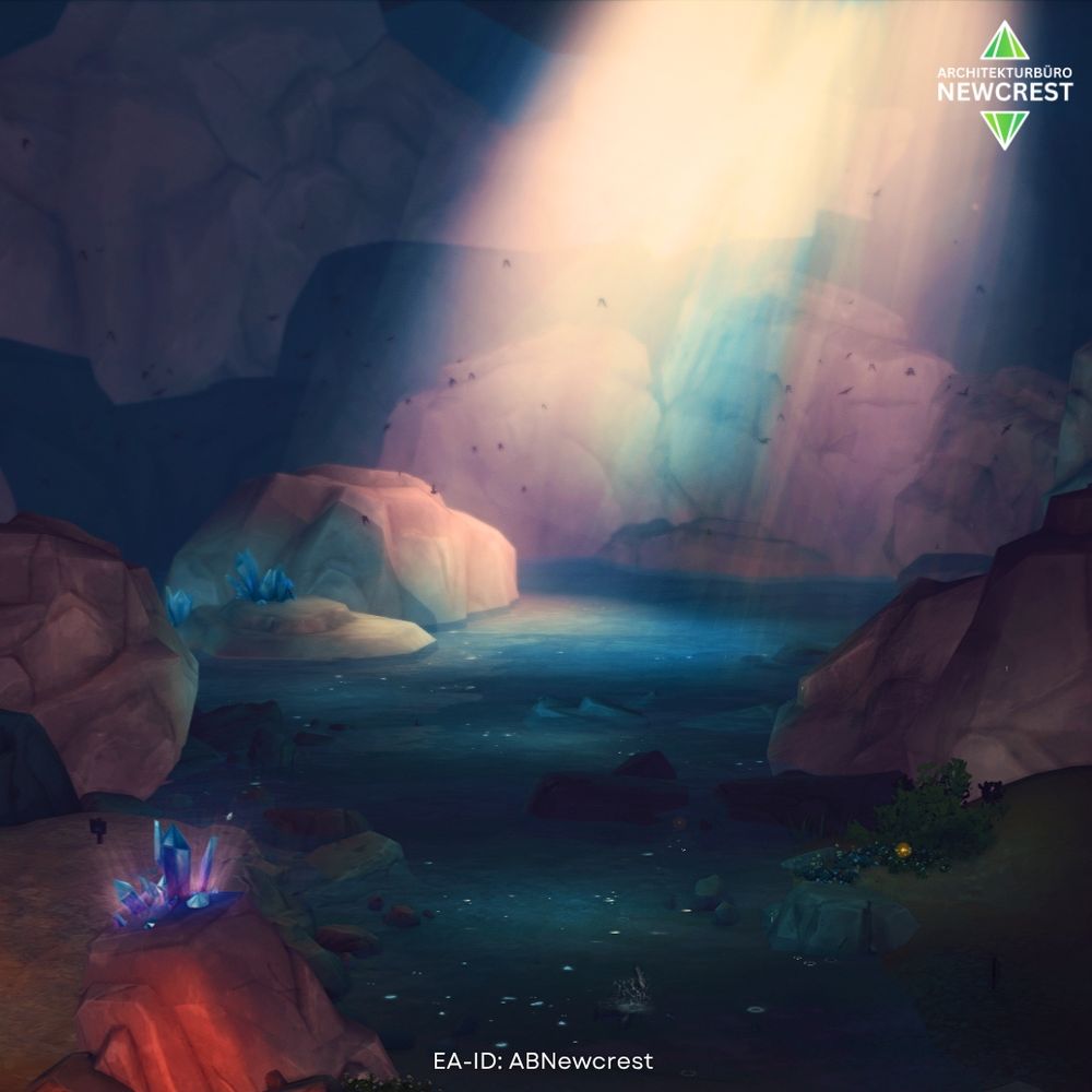 Sims 4 screenshot of the Forogtten Grotto in Oasis Springs, a dark cave with a little lake in it and sun beams lighting up the space.