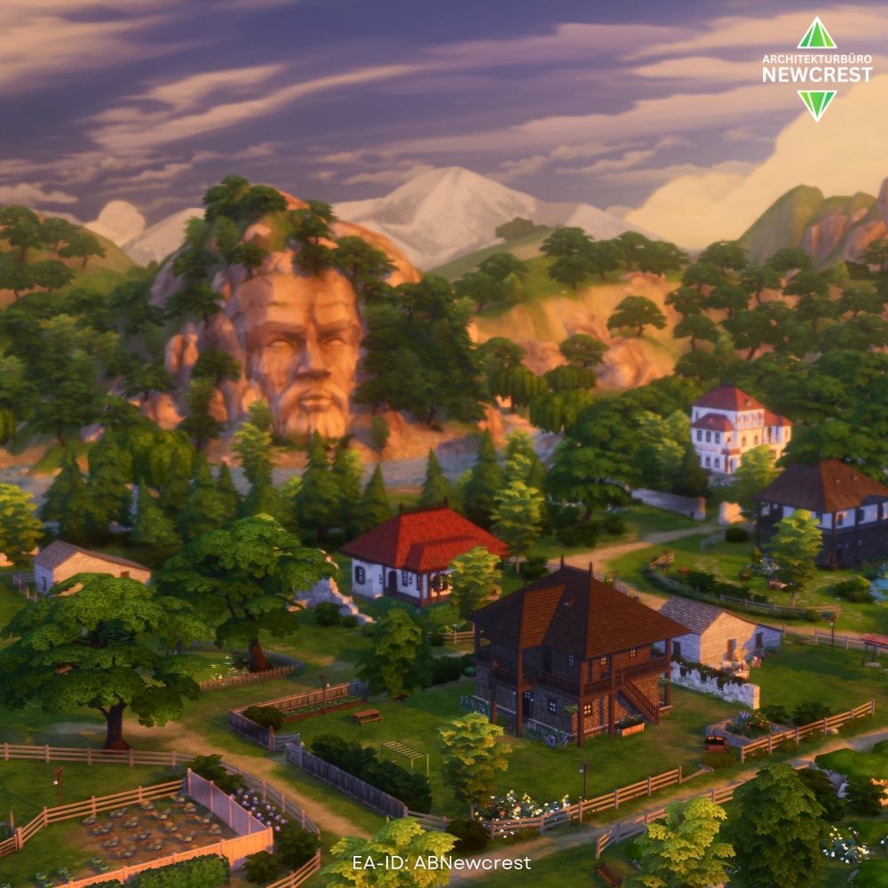 Sims 4 screenshot of Whispering Glenn at sunset