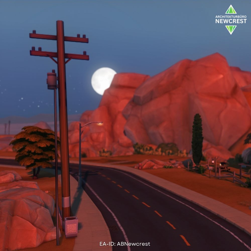 Sims 4 screenshot of a dusty road through the desert of Oasis Springs. In the background a pale blue sky with the full moon.