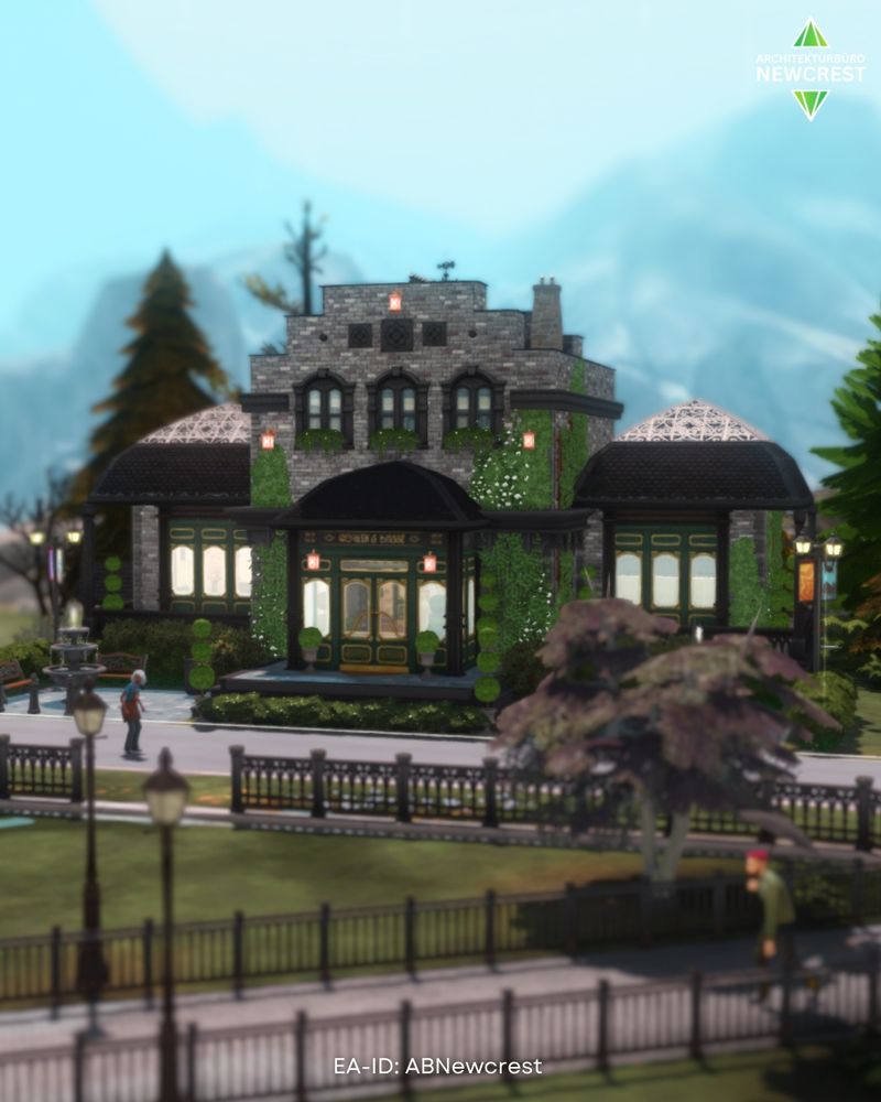 Sims 4 screenshot of an old building (maybe Victorian-ish?) made of dark grey stone in Forgotten Hollow
