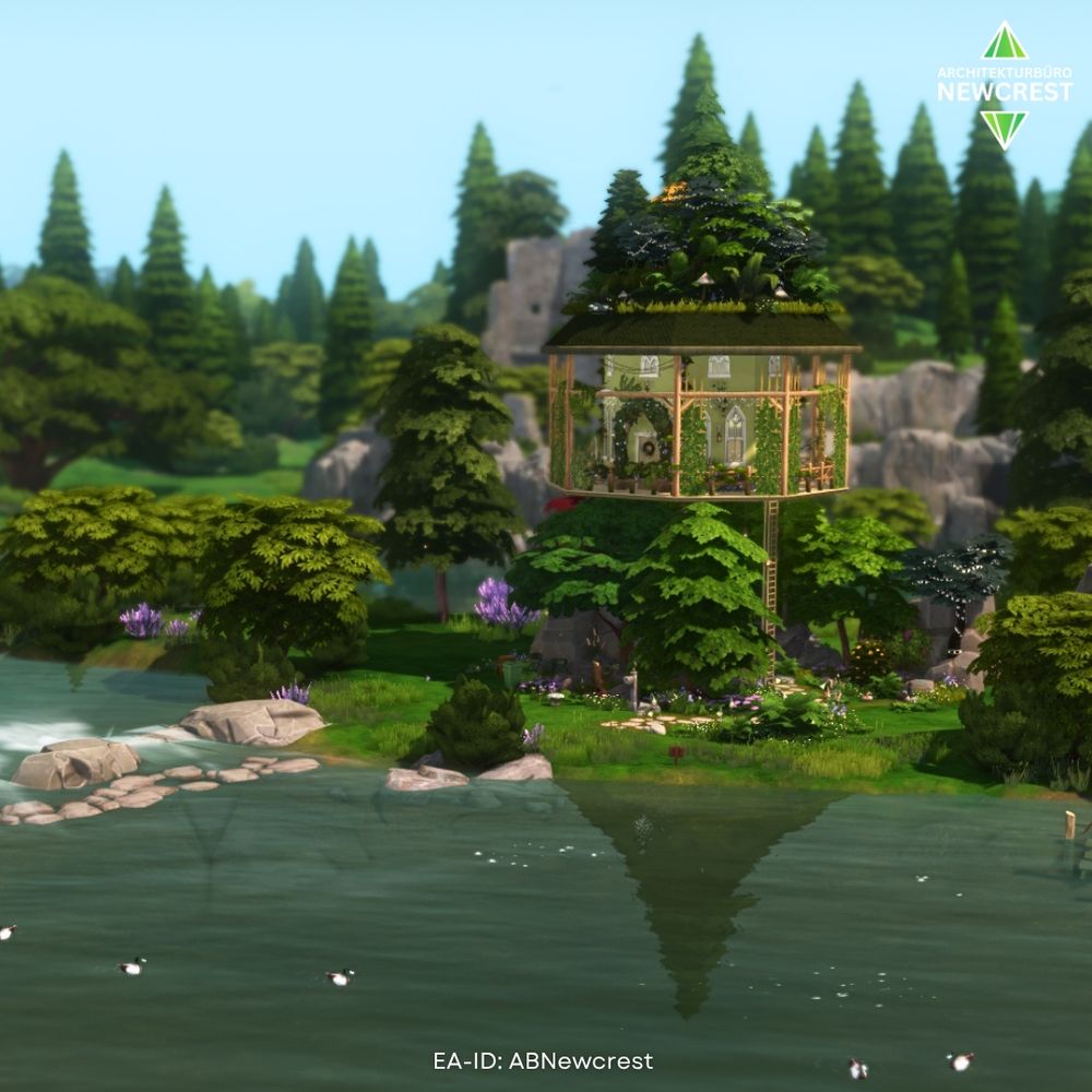 Sims 4 screenshot of a fantasy tree house at a lake with trees in the background
