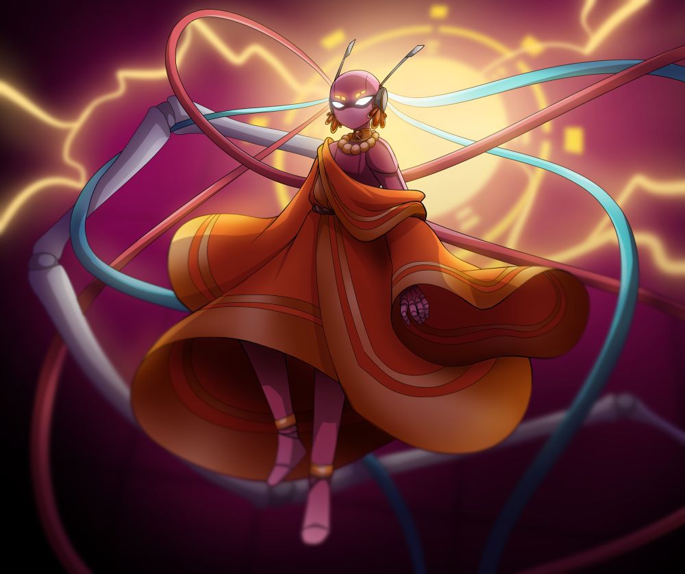 artwork of Five Pebbles from Rain World. he is wearing gold jewelry, and an orange robe with gold trim. he is looking down with an angry expression.