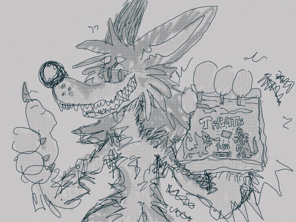 greyscale sketchy drawing of cartoon coywolf/eastern coyote character shaking a bag of treats it is holding on the bag its written "treats" "4 dogs + cats (and other animals who wanna feel included in this)" there is also a drawing of a treat and a cat and dog with mouths open and toungues out trying to reach the treat