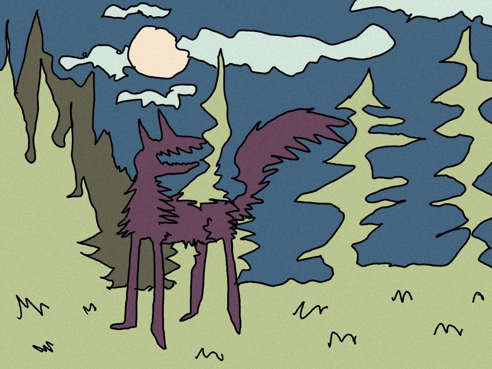 some kinda landscape in green with a blue sky sun and some clouds

a darker colored 4 legged creature with fur and a long tail is standing in front of it in the center left