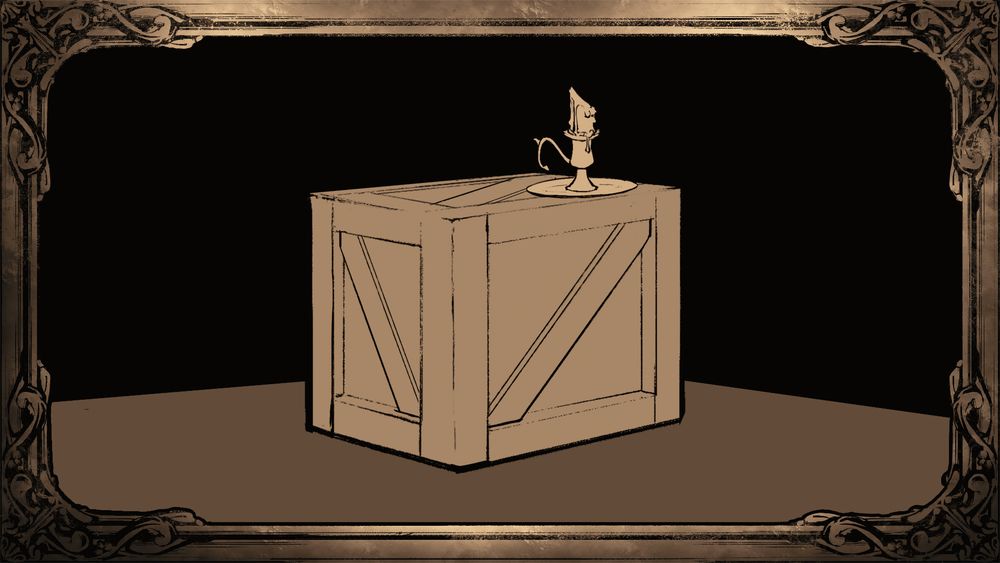 a drawing of a wooden box with a candle resting on top of it. the lighting is flat with no shading.