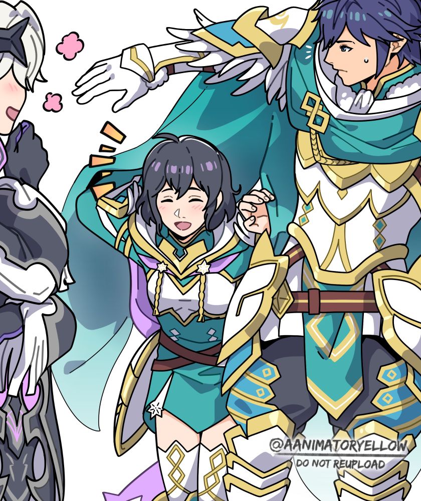 Chrom, male Robin, and female Morgan from Fire Emblem: Awakening. Morgan in her Nifl resplendent attire peeks out from under Chrom's cape, who is also wearing his Nifl resplendent attire. In the foreground, Male Robin in his Hel resplendent attire smiles at the sight